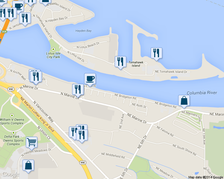 map of restaurants, bars, coffee shops, grocery stores, and more near 55 Northeast Bridgeton Road in Portland