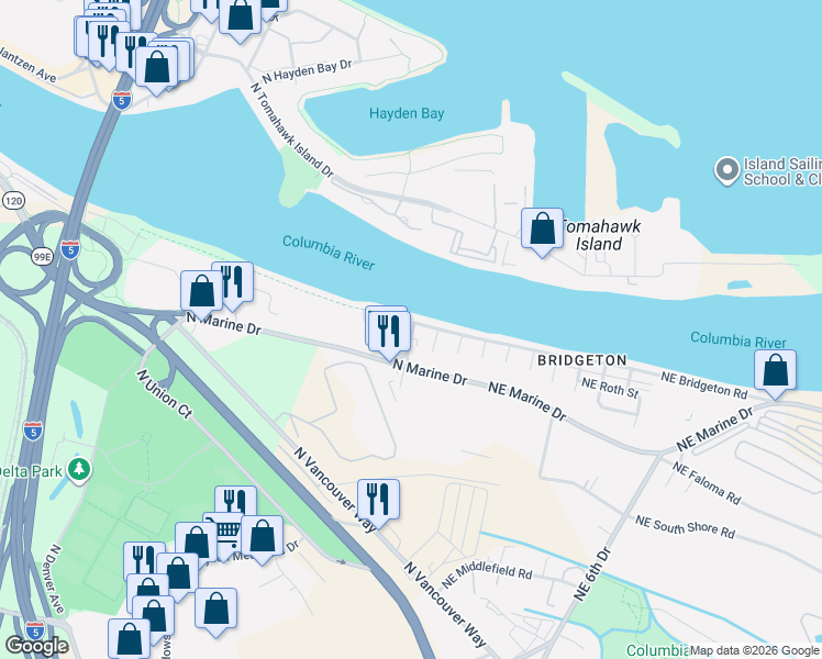map of restaurants, bars, coffee shops, grocery stores, and more near 301 North Bridgeton Road in Portland