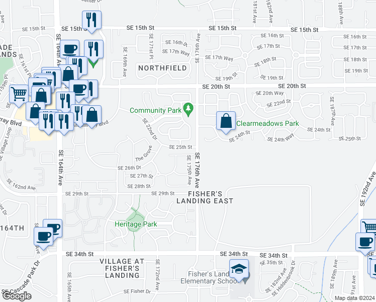 map of restaurants, bars, coffee shops, grocery stores, and more near 17416 Southeast 25th Way in Vancouver