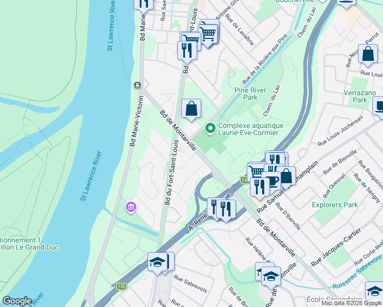 map of restaurants, bars, coffee shops, grocery stores, and more near 160 Boulevard de Montarville in Boucherville