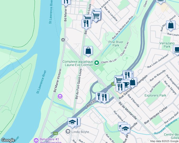 map of restaurants, bars, coffee shops, grocery stores, and more near 168 Boulevard de Montarville in Boucherville