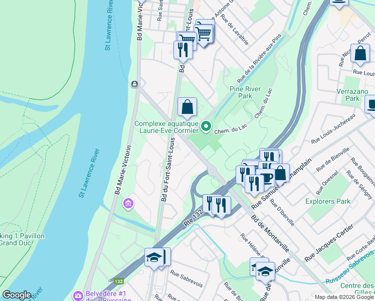map of restaurants, bars, coffee shops, grocery stores, and more near 168 Boulevard de Montarville in Boucherville