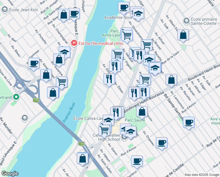 map of restaurants, bars, coffee shops, grocery stores, and more near 4690 Boulevard Gouin Est in Montréal