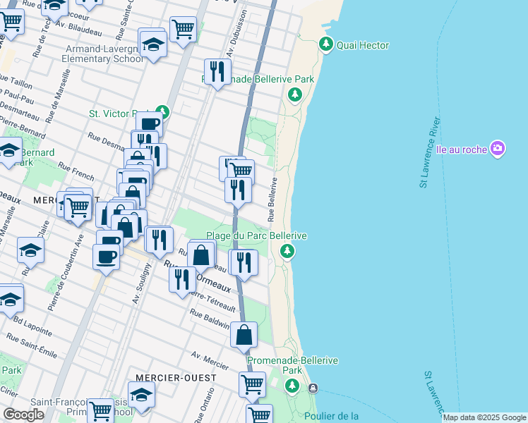 map of restaurants, bars, coffee shops, grocery stores, and more near 300 Rue Desmarteau in Montréal