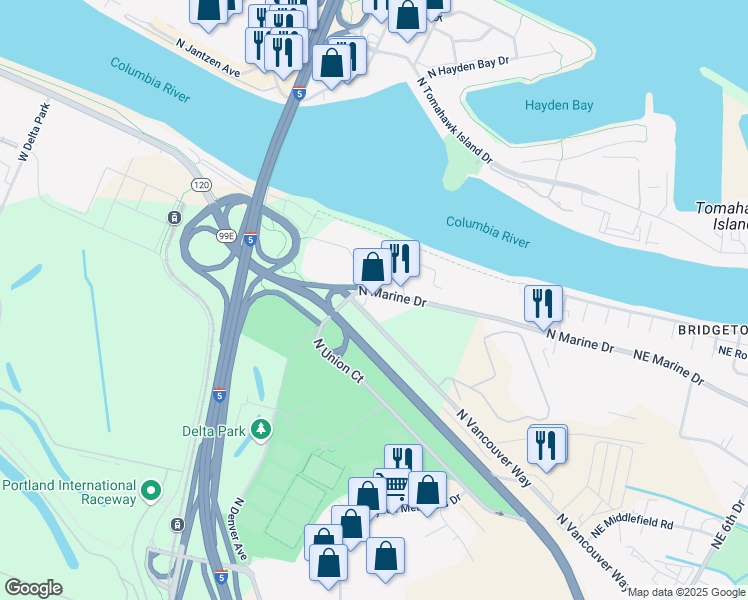 map of restaurants, bars, coffee shops, grocery stores, and more near 1020 North Marine Drive in Portland