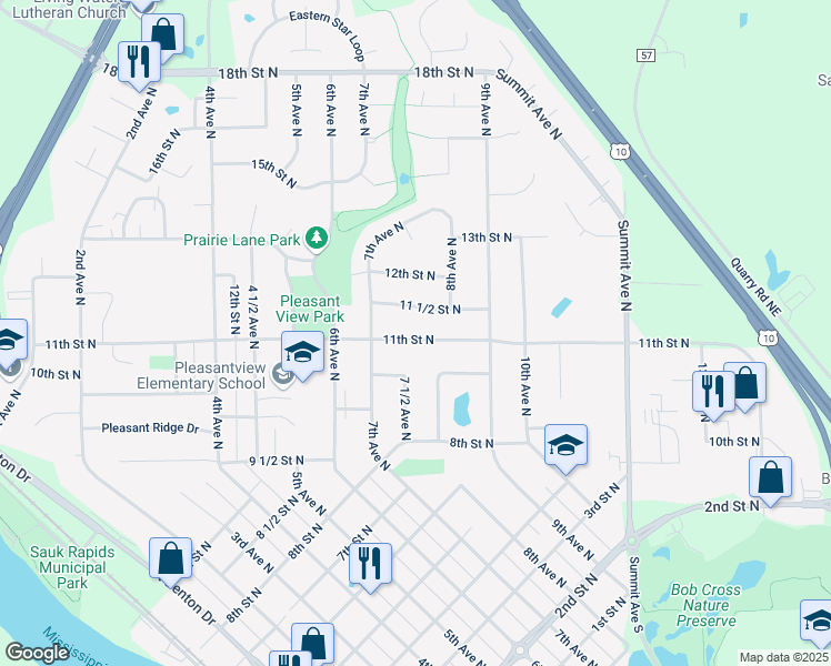 map of restaurants, bars, coffee shops, grocery stores, and more near 735 11th Street North in Sauk Rapids