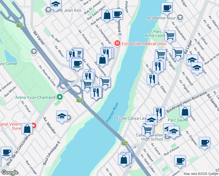 map of restaurants, bars, coffee shops, grocery stores, and more near 4492 Boulevard Lévesque Est in Laval