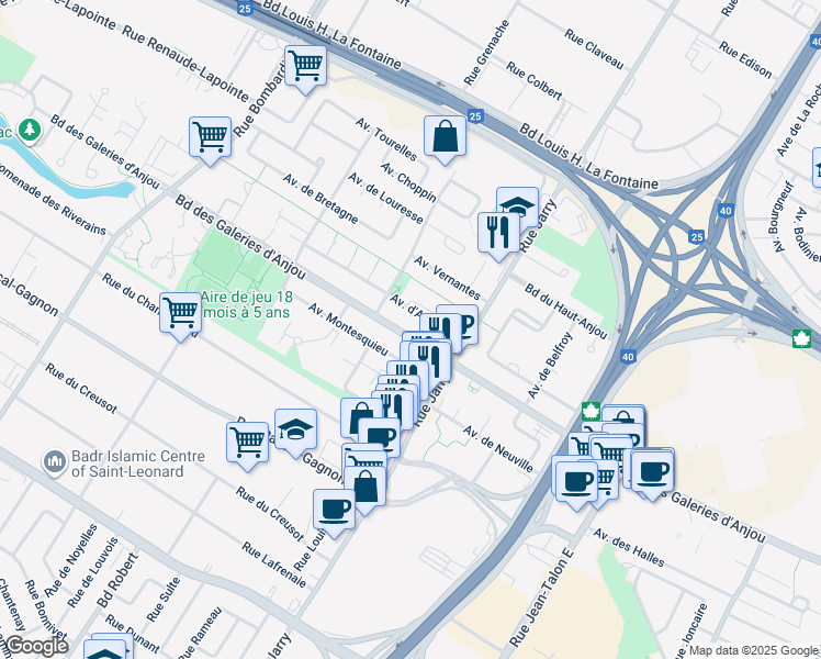 map of restaurants, bars, coffee shops, grocery stores, and more near 8821 Boulevard des Galeries d'Anjou in Montreal