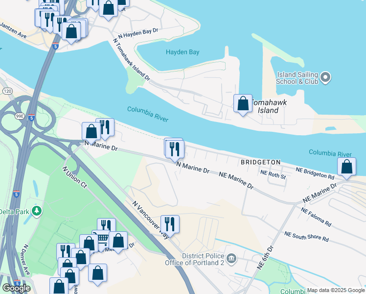 map of restaurants, bars, coffee shops, grocery stores, and more near 301 North Bridgeton Road in Portland