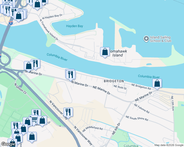 map of restaurants, bars, coffee shops, grocery stores, and more near 55 Northeast Bridgeton Road in Portland