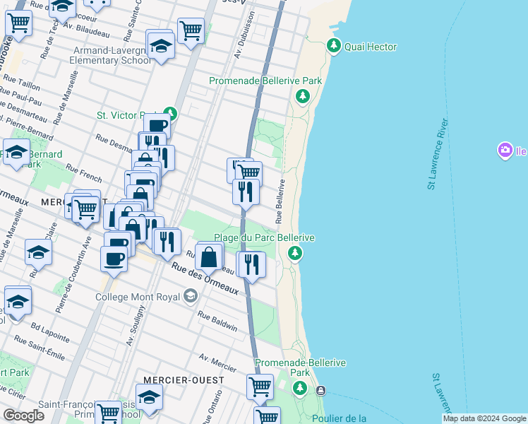 map of restaurants, bars, coffee shops, grocery stores, and more near 314 Rue Desmarteau in Montréal