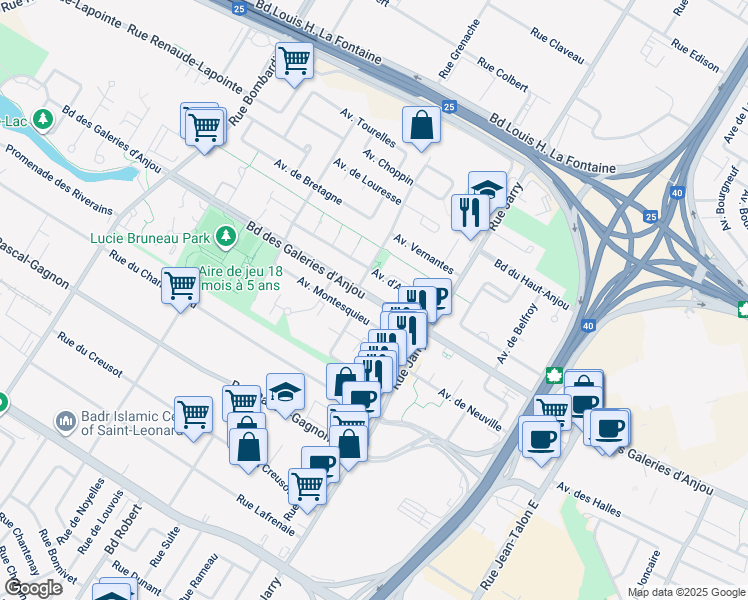 map of restaurants, bars, coffee shops, grocery stores, and more near Boulevard des Galeries d'Anjou in Montréal
