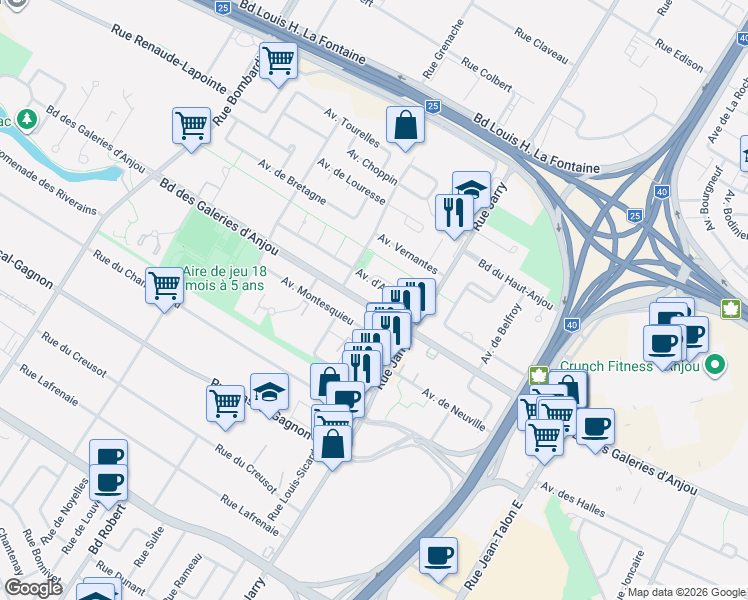 map of restaurants, bars, coffee shops, grocery stores, and more near 8821 Boulevard des Galeries d'Anjou in Montréal