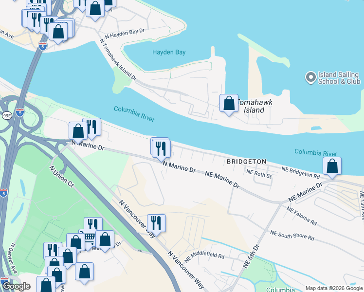 map of restaurants, bars, coffee shops, grocery stores, and more near 301 North Bridgeton Road in Portland