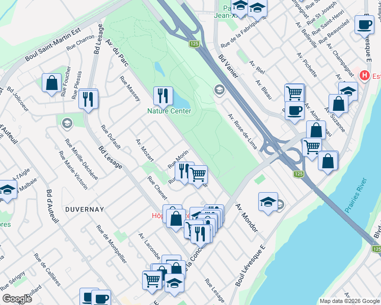map of restaurants, bars, coffee shops, grocery stores, and more near 830 Avenue du Parc in Laval
