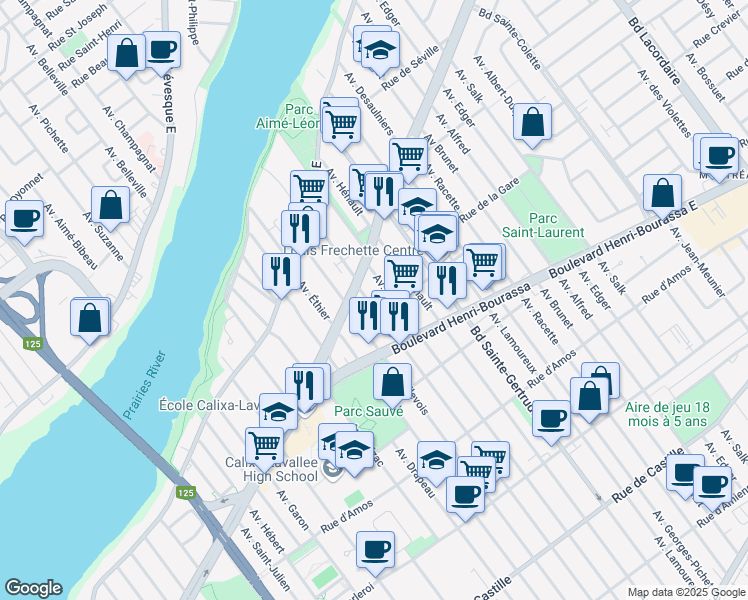 map of restaurants, bars, coffee shops, grocery stores, and more near 11765 Avenue l'Archevêque in Montréal