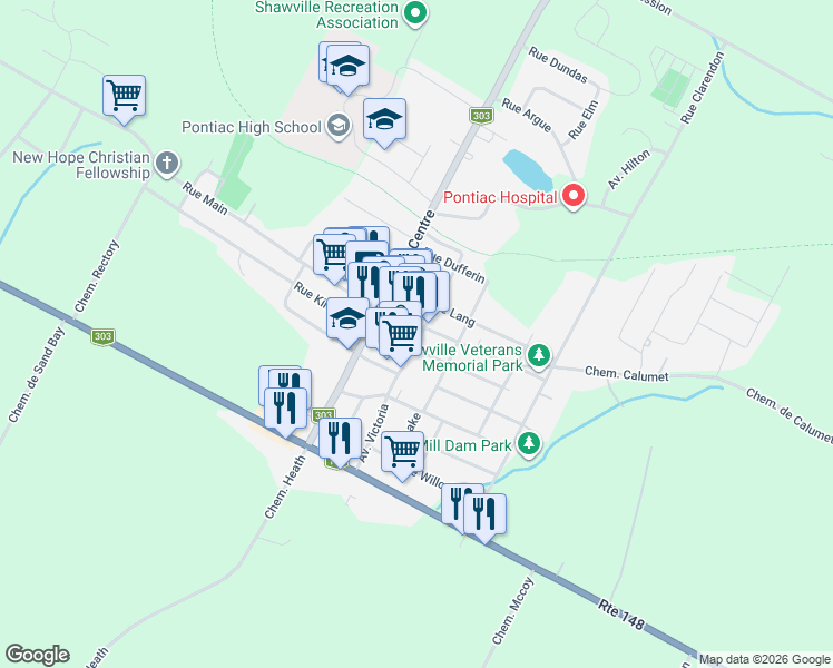 map of restaurants, bars, coffee shops, grocery stores, and more near 306 Rue Main in Shawville