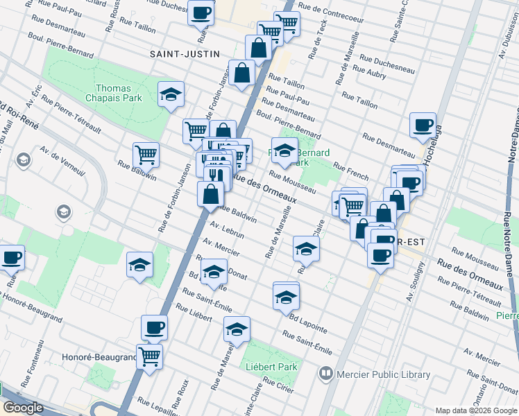 map of restaurants, bars, coffee shops, grocery stores, and more near 3090 Rue Pierre-Tétreault in Montréal