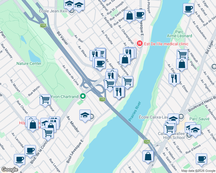 map of restaurants, bars, coffee shops, grocery stores, and more near 4400 Boulevard de la Concorde Est in Laval