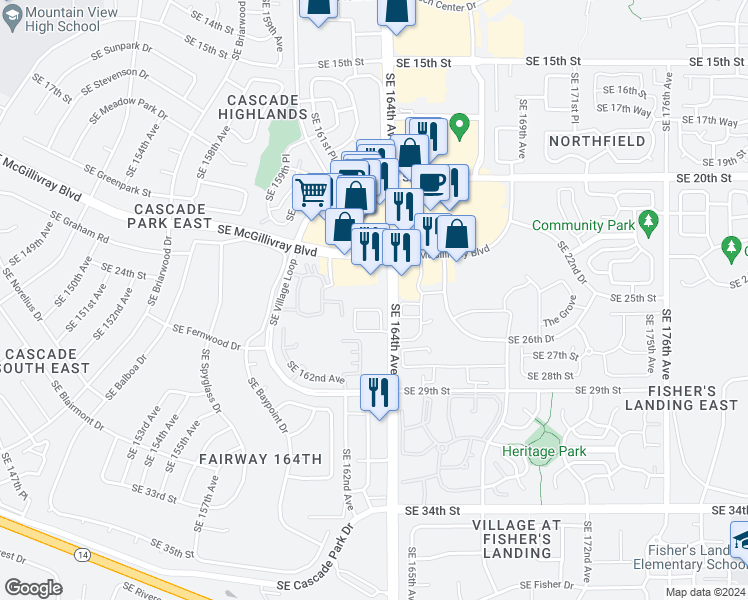 map of restaurants, bars, coffee shops, grocery stores, and more near 2610 Southeast 164th Avenue in Vancouver