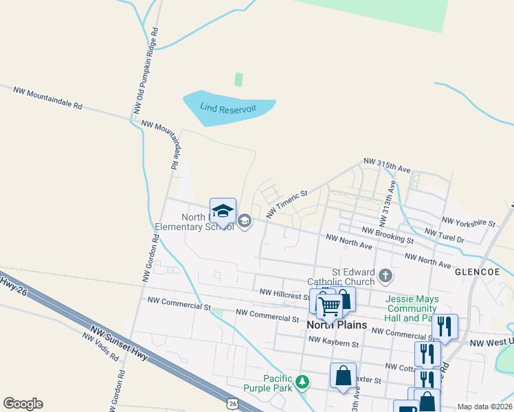 map of restaurants, bars, coffee shops, grocery stores, and more near 11332 Northwest 321st Avenue in North Plains