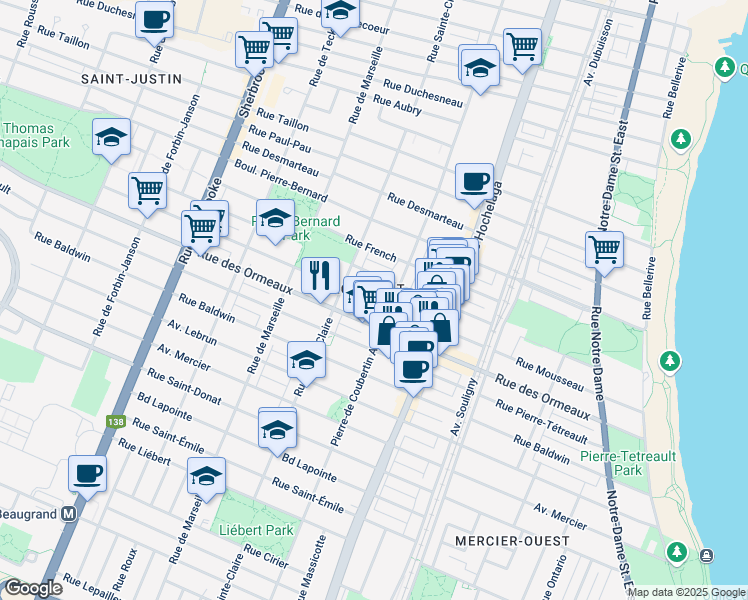 map of restaurants, bars, coffee shops, grocery stores, and more near Rue Mousseau in Montréal