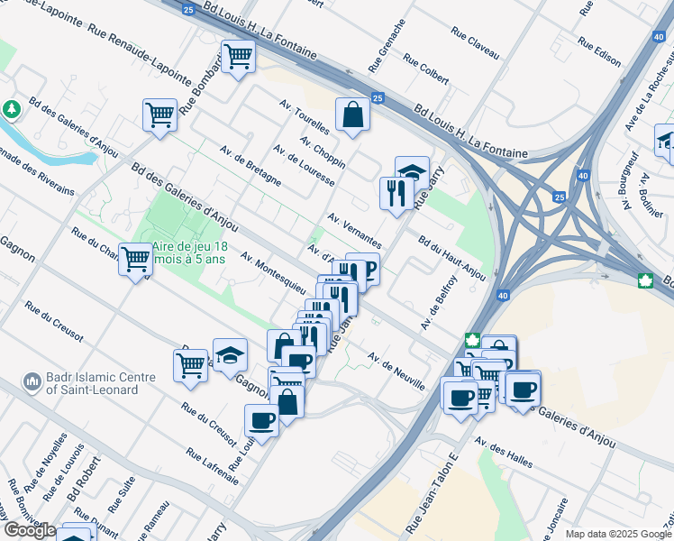 map of restaurants, bars, coffee shops, grocery stores, and more near 8610 Avenue d'Allonnes in Montréal