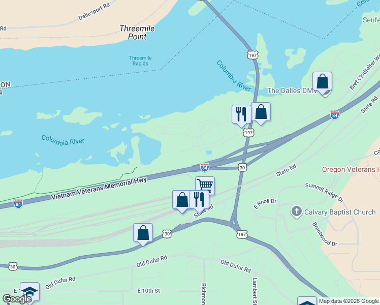map of restaurants, bars, coffee shops, grocery stores, and more near 170 Blue Heron Court in The Dalles