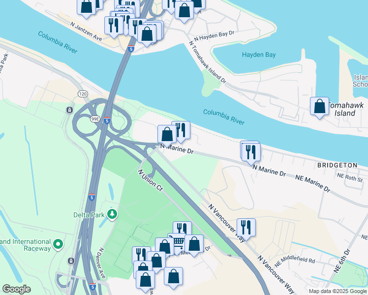map of restaurants, bars, coffee shops, grocery stores, and more near 995 North Marine Drive in Portland