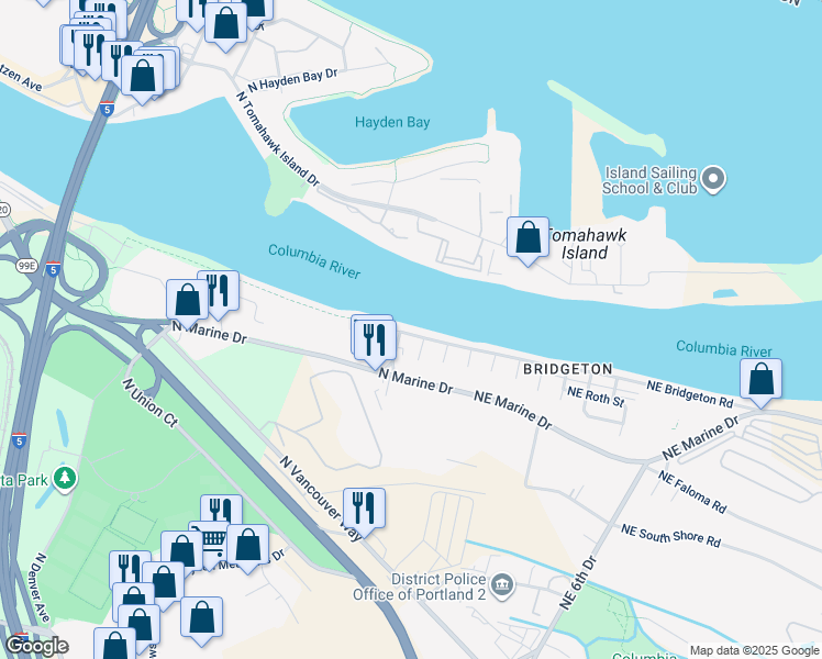 map of restaurants, bars, coffee shops, grocery stores, and more near 301 North Bridgeton Road in Portland