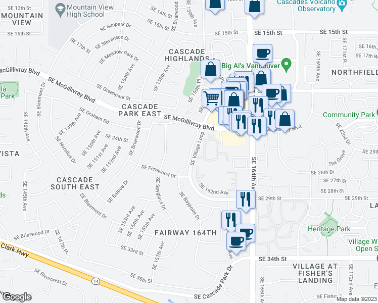 map of restaurants, bars, coffee shops, grocery stores, and more near 2418 Southeast Baypoint Drive in Vancouver