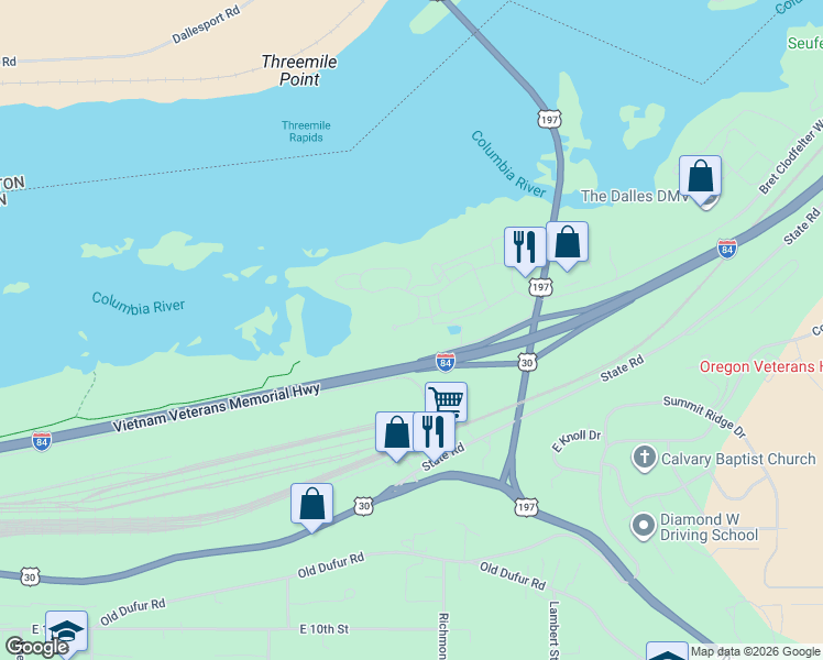 map of restaurants, bars, coffee shops, grocery stores, and more near 170 Blue Heron Court in The Dalles