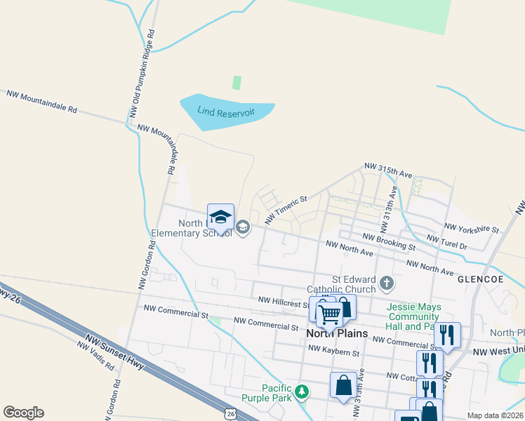 map of restaurants, bars, coffee shops, grocery stores, and more near 31870 Northwest Turel Drive in North Plains