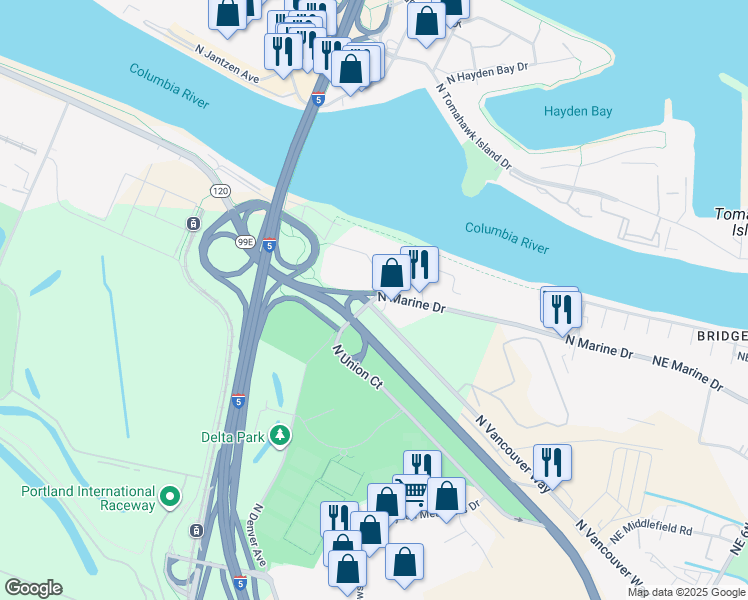 map of restaurants, bars, coffee shops, grocery stores, and more near 1330 North Marine Drive in Portland