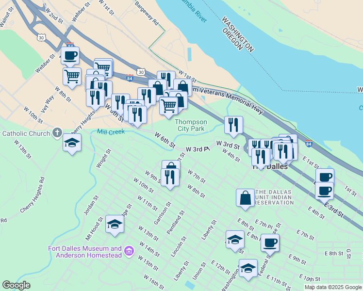 map of restaurants, bars, coffee shops, grocery stores, and more near 531 West 3rd Place in The Dalles