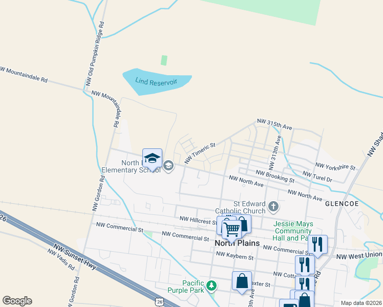 map of restaurants, bars, coffee shops, grocery stores, and more near 31807 Northwest Timeric Drive in North Plains