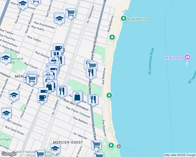 map of restaurants, bars, coffee shops, grocery stores, and more near 314 Rue Desmarteau in Montréal