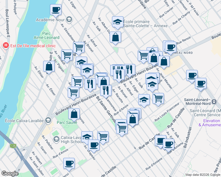 map of restaurants, bars, coffee shops, grocery stores, and more near 5068 Boulevard Henri-Bourassa Est in Montréal