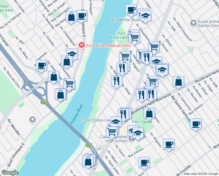 map of restaurants, bars, coffee shops, grocery stores, and more near 11920 Avenue Patricia in Montréal