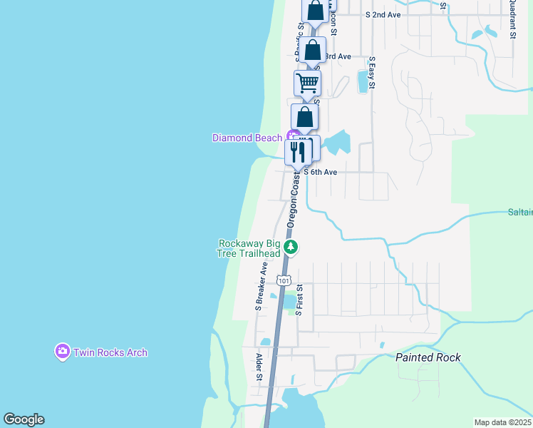 map of restaurants, bars, coffee shops, grocery stores, and more near 725 South Breaker Avenue in Rockaway Beach