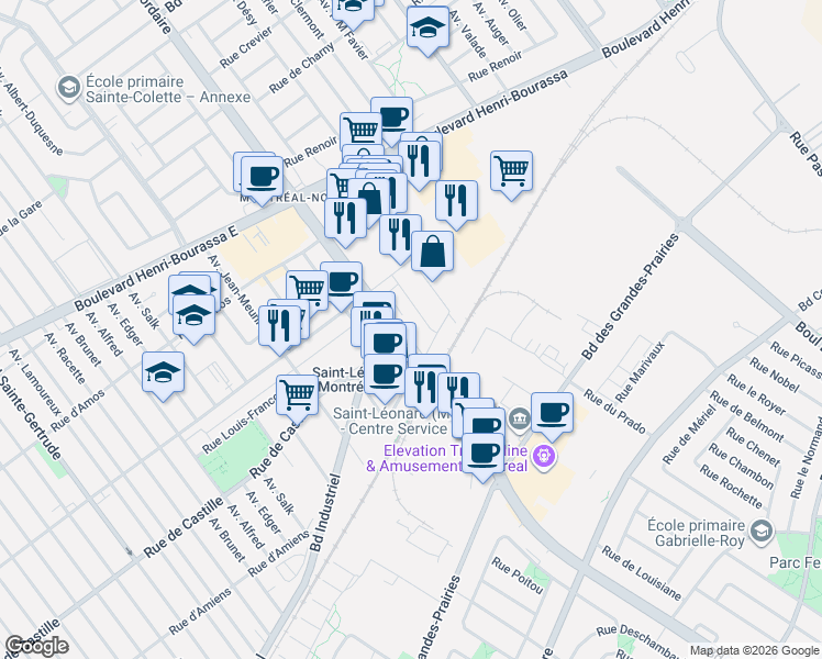 map of restaurants, bars, coffee shops, grocery stores, and more near 10977 Boulevard Lacordaire in Montréal