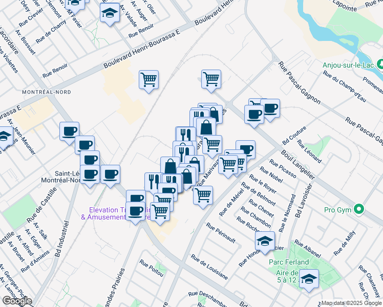 map of restaurants, bars, coffee shops, grocery stores, and more near 6207 Boulevard des Grandes-Prairies in Montréal