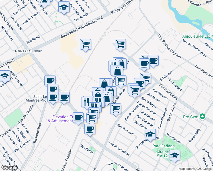 map of restaurants, bars, coffee shops, grocery stores, and more near 6207 Boulevard des Grandes-Prairies in Montréal