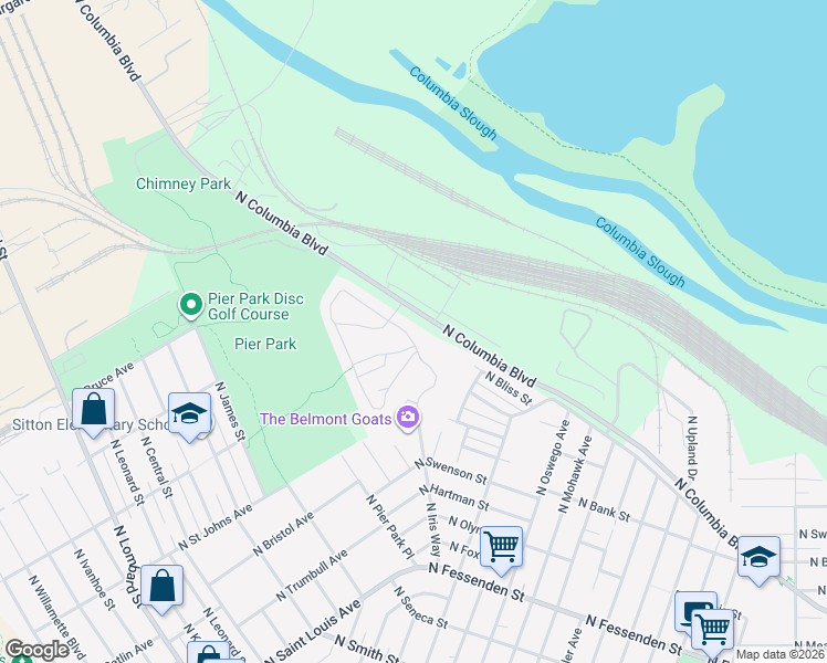 map of restaurants, bars, coffee shops, grocery stores, and more near 8732 North Columbia Boulevard in Portland