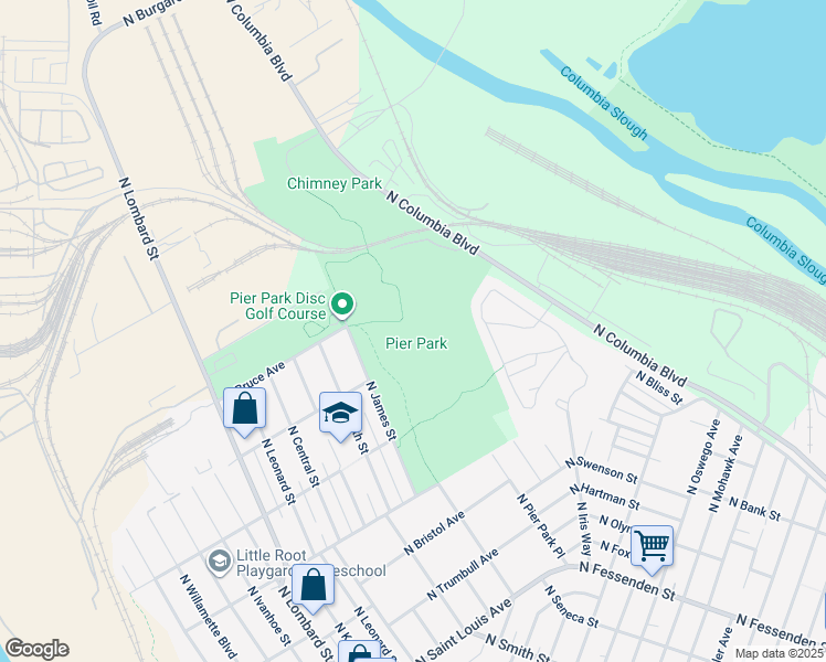map of restaurants, bars, coffee shops, grocery stores, and more near 10325 North Lombard Street in Portland