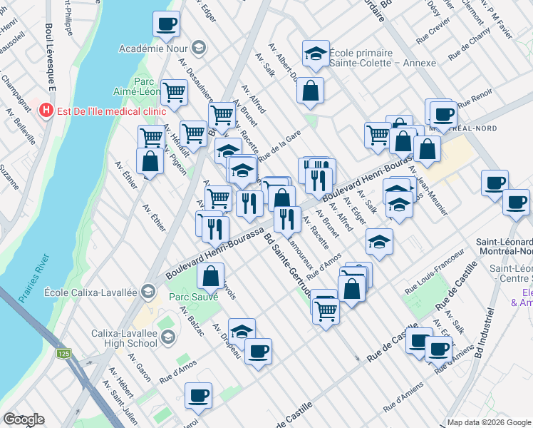 map of restaurants, bars, coffee shops, grocery stores, and more near 11594 Avenue Lamoureux in Montréal