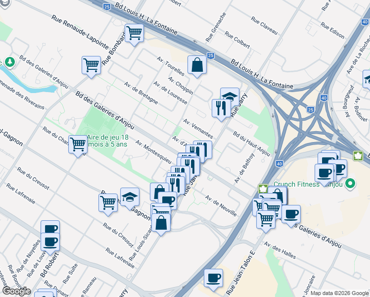 map of restaurants, bars, coffee shops, grocery stores, and more near 8642 Avenue d'Allonnes in Montréal