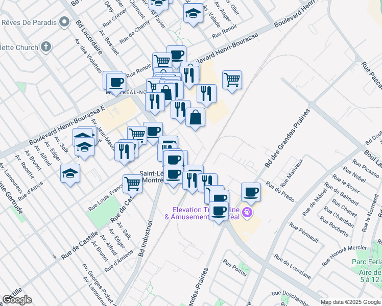map of restaurants, bars, coffee shops, grocery stores, and more near 10974 Avenue Gervais in Montréal