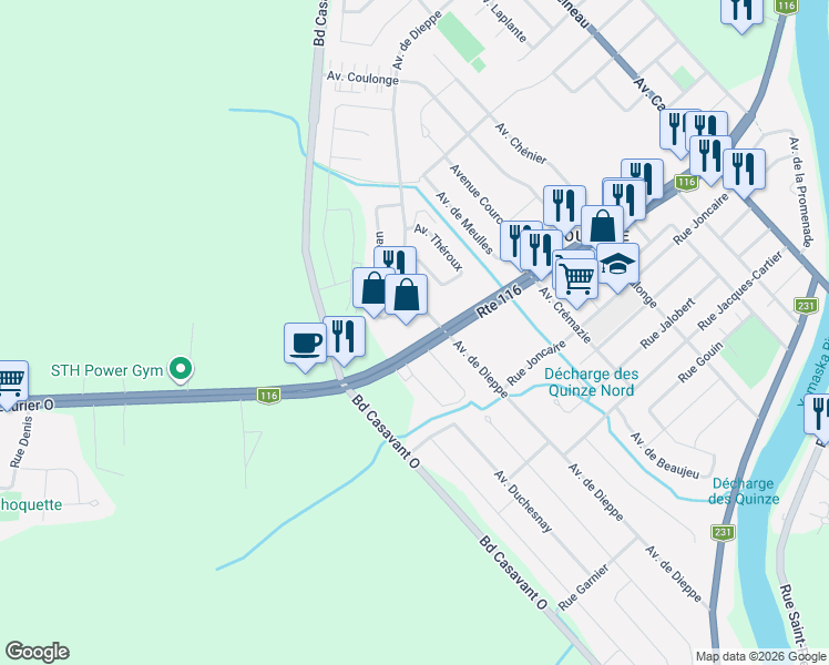 map of restaurants, bars, coffee shops, grocery stores, and more near 5810 Boulevard Laurier Ouest in Saint-Hyacinthe