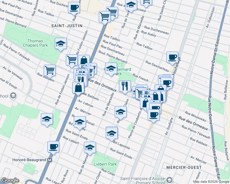 map of restaurants, bars, coffee shops, grocery stores, and more near 8710 Rue de Marseille in Montréal
